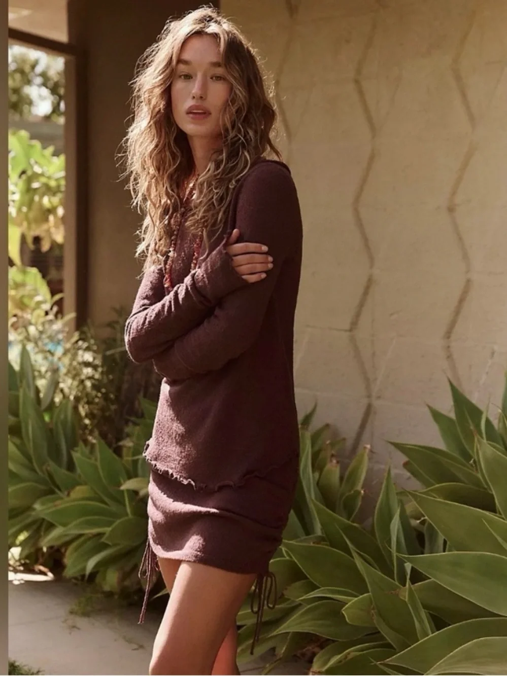 Free People Beach Cabo Sweater Skirt Set S Chocolate Brown Merlot Ruched Boho